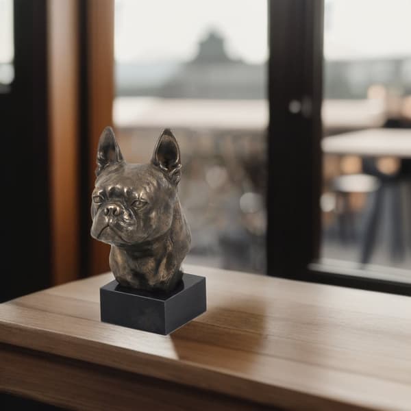 Bostoninterrieri, Bostonin bullterrieri - koirapatsas, rintakuva kivijalalla, veistos, Art-Dogin koiranäyttelyn pokaali