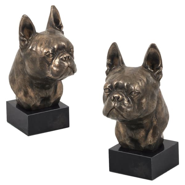 Bostoninterrieri, Bostonin bullterrieri - koirapatsas, rintakuva kivijalalla, veistos, Art-Dogin koiranäyttelyn pokaali