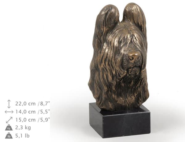 Fransk herde Briard, Berger de Brie - hundstatyett, byst på stenfot, skulptur, trofé för en hundutställning av Art-Dog