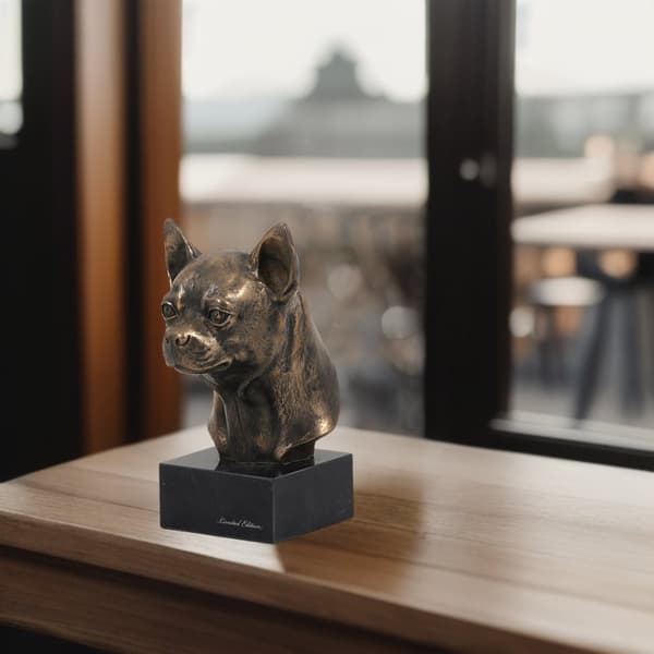 Korthårig Chihuahua I - hundstatyett, byst på stenfot, skulptur, trofé för en hundutställning av Art-Dog