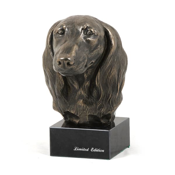 Langhåret gravhund - hundestatuette, buste på stenbund, skulptur, trofæ til hundeudstilling af Art-Dog