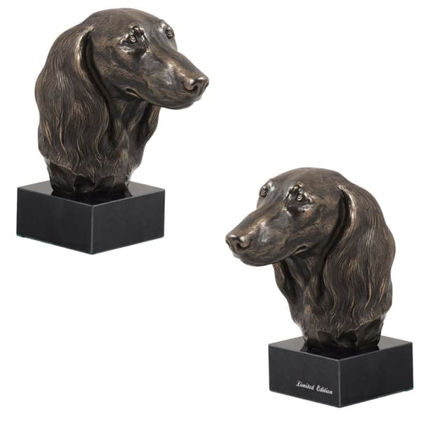Langhåret gravhund - hundestatuette, buste på stenbund, skulptur, trofæ til hundeudstilling af Art-Dog