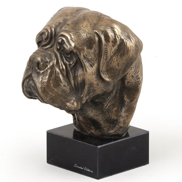 Dog of Bordeaux, Dogue de Bordeaux, French Mastiff - hundstatyett, byst på en stenbas, skulptur, trofé för en hundutställning av Art-Dog