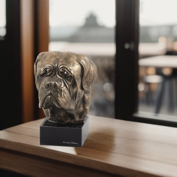 Dog of Bordeaux, Dogue de Bordeaux, French Mastiff - hundstatyett, byst på en stenbas, skulptur, trofé för en hundutställning av Art-Dog