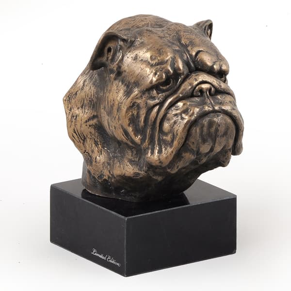 Engelsk bulldog, Bulldog - hundestatuette, buste på stenbund, skulptur, trofæ til hundeudstilling af Art-Dog