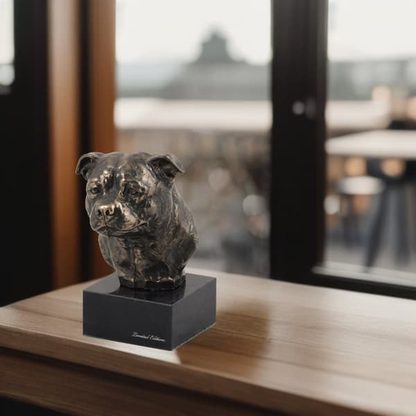 Staffordshire Bull Terrier, Staffik, Staffi - hundstatyett, byst på stenfot, skulptur, trofé för en hundutställning av Art-Dog