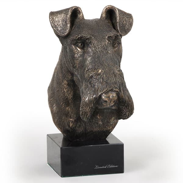 Trådhåret foxterrier - hundestatuette, buste på stenbund, skulptur, trofæ til hundeudstilling af Art-Dog