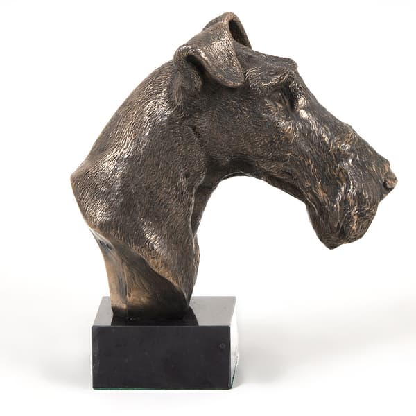 Trådhåret foxterrier - hundestatuette, buste på stenbund, skulptur, trofæ til hundeudstilling af Art-Dog