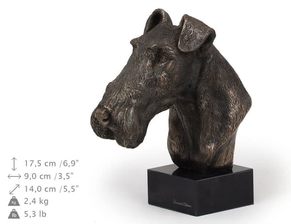 Trådhåret foxterrier - hundestatuette, buste på stenbund, skulptur, trofæ til hundeudstilling af Art-Dog