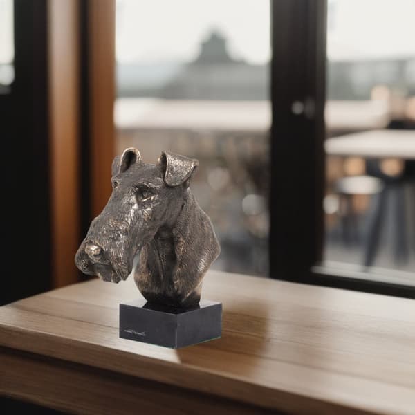 Trådhåret foxterrier - hundestatuette, buste på stenbund, skulptur, trofæ til hundeudstilling af Art-Dog
