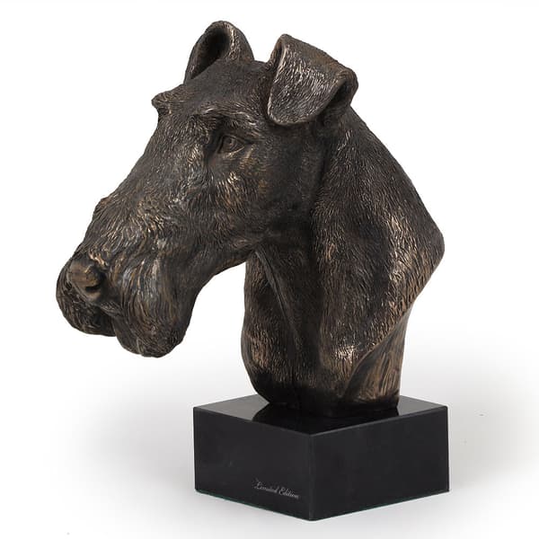 Trådhåret foxterrier - hundestatuette, buste på stenbund, skulptur, trofæ til hundeudstilling af Art-Dog