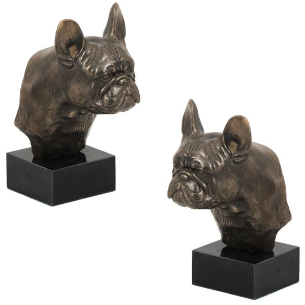 French Bulldog II - koirapatsas, rintakuva kivijalustalla, veistos, Art-Dogin koiranäyttelyn pokaali