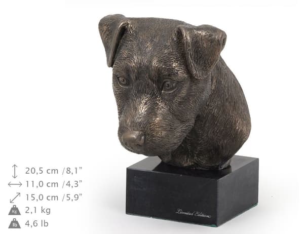 Jack Russell Terrier - hundestatuette, buste på en stenbund, skulptur, trofæ til en hundeudstilling af Art-Dog