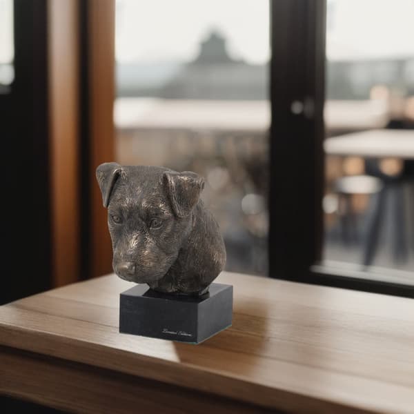 Jack Russell Terrier - hundestatuette, buste på en stenbund, skulptur, trofæ til en hundeudstilling af Art-Dog
