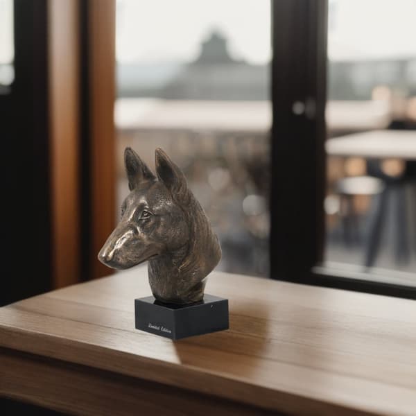 Malinois belgianpaimenkoira - koirapatsas, rintakuva kivijalustalla, veistos, Art-Dogin koiranäyttelyn pokaali