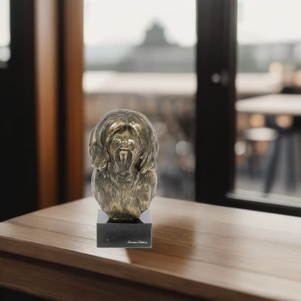 Tibetansk terrier, tibetansk terrier - hundestatuette, buste på en stenbund, skulptur, trofæ til en hundeudstilling af Art-Dog