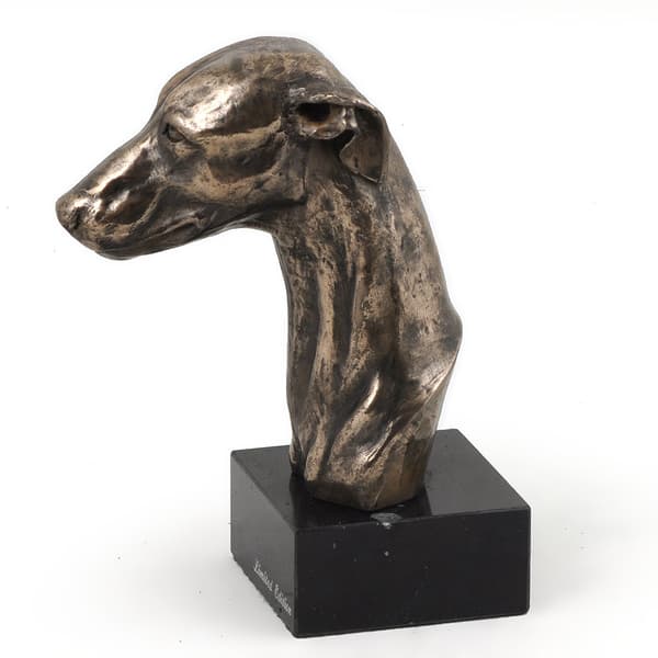 Whippet, Englanninvinttikoira - koirapatsas, rintakuva kivijalustalla, veistos, Art-Dogin koiranäyttelyn pokaali