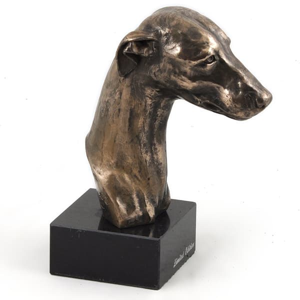 Whippet, Englanninvinttikoira - koirapatsas, rintakuva kivijalustalla, veistos, Art-Dogin koiranäyttelyn pokaali