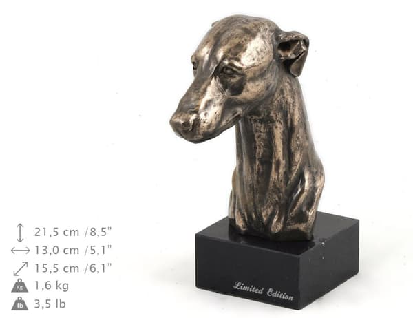 Whippet, Englanninvinttikoira - koirapatsas, rintakuva kivijalustalla, veistos, Art-Dogin koiranäyttelyn pokaali