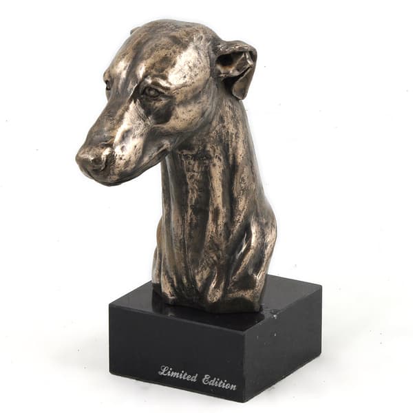 Whippet, Englanninvinttikoira - koirapatsas, rintakuva kivijalustalla, veistos, Art-Dogin koiranäyttelyn pokaali