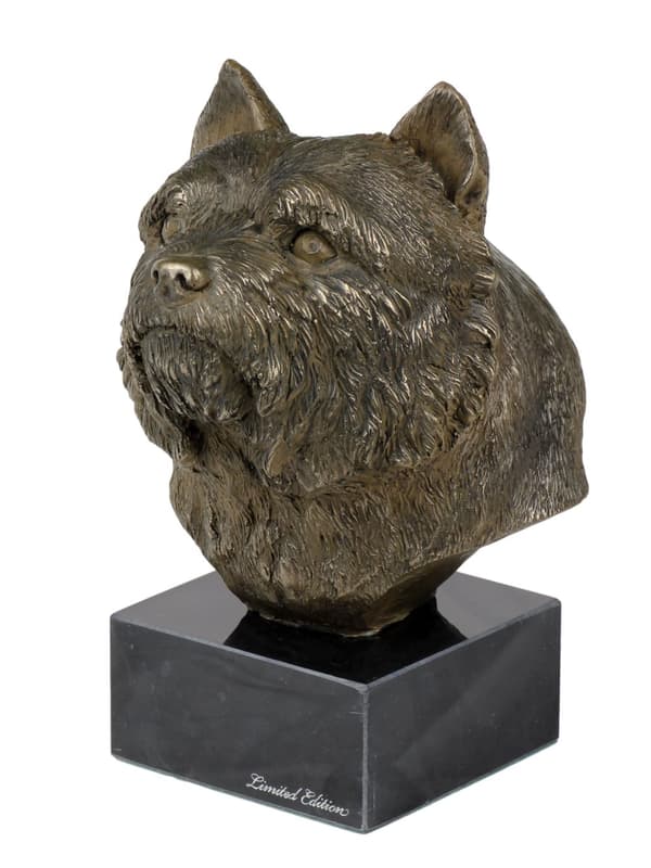 Norwich Terrier - hundstatyett, byst på stenfot, skulptur, trofé för en hundutställning av Art-Dog