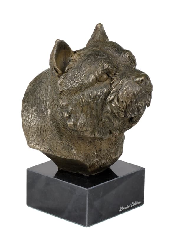 Norwich Terrier - hundstatyett, byst på stenfot, skulptur, trofé för en hundutställning av Art-Dog