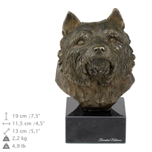 Norwich Terrier - hundstatyett, byst på stenfot, skulptur, trofé för en hundutställning av Art-Dog