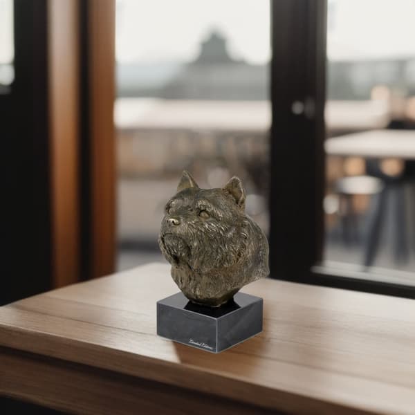 Norwich Terrier - hundstatyett, byst på stenfot, skulptur, trofé för en hundutställning av Art-Dog