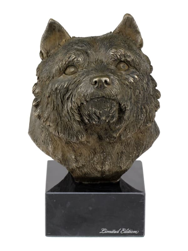 Norwich Terrier - hundstatyett, byst på stenfot, skulptur, trofé för en hundutställning av Art-Dog