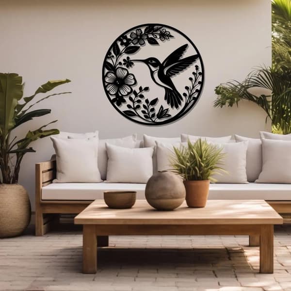 Metal Vægdekoration Kolibri & Blomster | Fuglekunst til have og indendørs | Naturinspireret haveskilt og boligindretning 60cm/24inch