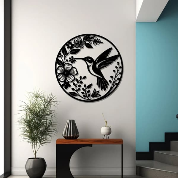Metal Vægdekoration Kolibri & Blomster | Fuglekunst til have og indendørs | Naturinspireret haveskilt og boligindretning