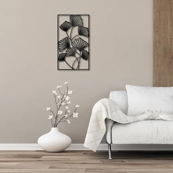 Ginkgoblad metallväggdekoration, svarta blad, hängande väggdekoration, järnväggkonst, minimalistiska ginkgolinjer, silhuettskulptur, dekorationsskylt,