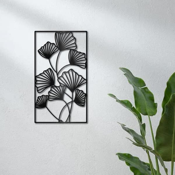 Ginkgoblad metallväggdekoration, svarta blad, hängande väggdekoration, järnväggkonst, minimalistiska ginkgolinjer, silhuettskulptur, dekorationsskylt,