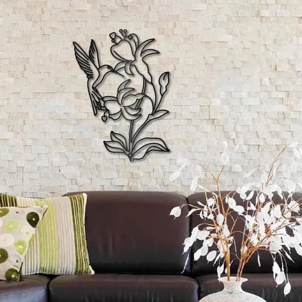 Kolibri väggdekoration, metallfågel väggkonst, svart blomma laser klippt hängande ornament, väggdekoration, fågelskulptur, minimalistisk, till terrass