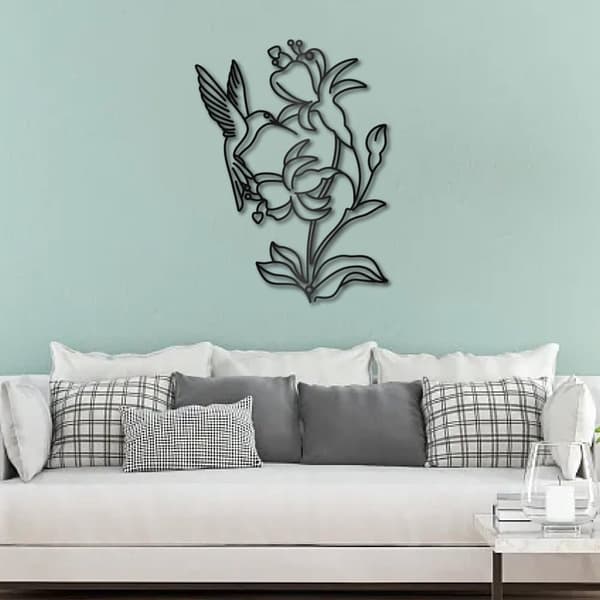 Kolibri väggdekoration, metallfågel väggkonst, svart blomma laser klippt hängande ornament, väggdekoration, fågelskulptur, minimalistisk, till terrass