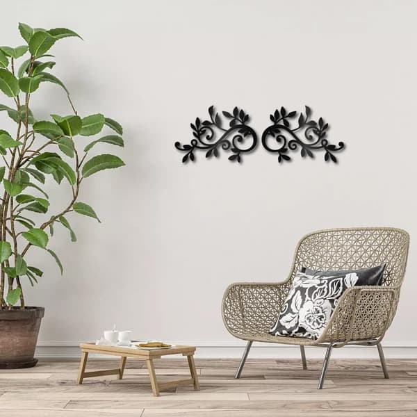 Metallträdblad väggdekoration, vinsten olivgren blad väggkonst, dubbla blad silhuettskulptur, ornament, järn hängande över sängen, hem, vardagsrum, tr