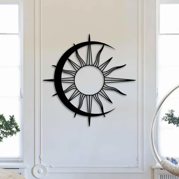 Sol & Måne Metall Väggkonst - Boho Himladekor - Mystisk Heminredning - Minimalistisk Vardagsrumskonst - Husflyttningspresent