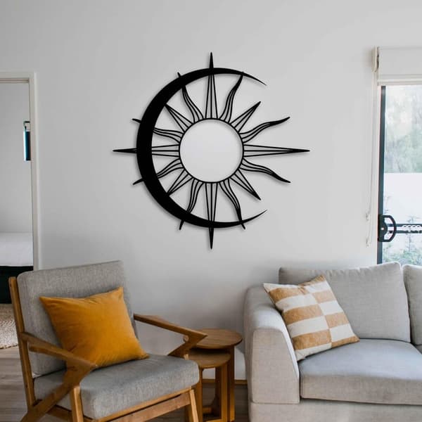 Sol & Måne Metall Väggkonst - Boho Himladekor - Mystisk Heminredning - Minimalistisk Vardagsrumskonst - Husflyttningspresent