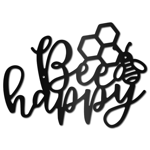Bee Happy Metallväggdekoration - Våghängande Skulptur - Jernsilhuett - Rustik Prydnad - Svart - För trädgård, in- och utomhus, vardagsrum, hem och kon