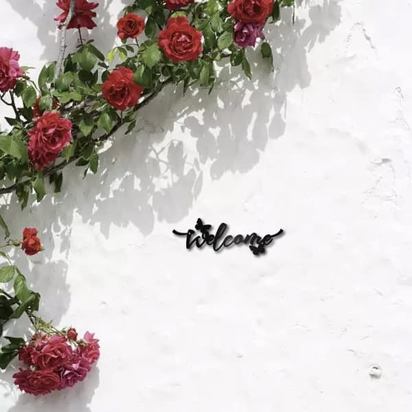 Välkommen Blomma Metallskylt, Vågs Konst, Rustika Bokstäver, Svart Hängande Orddekoration, Passar till Fördörr, Heminträde, Inomhus/Ute, Salong, Aeste