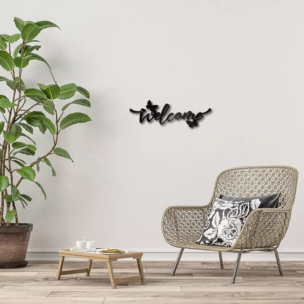 Välkommen Blomma Metallskylt, Vågs Konst, Rustika Bokstäver, Svart Hängande Orddekoration, Passar till Fördörr, Heminträde, Inomhus/Ute, Salong, Aeste