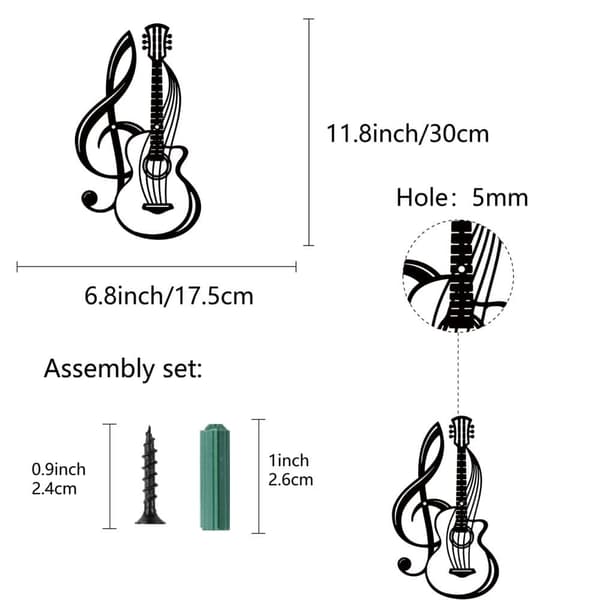 Metallvågsdekoration, Musikinstrument, Svarta Vågsignor, Gitarr, Jern, Hängande Metallornament, Skulptur, Passar till Balkong, Trädgård, Hem, Salong,