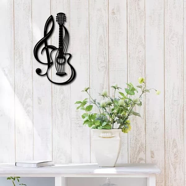 Metallvågsdekoration, Musikinstrument, Svarta Vågsignor, Gitarr, Jern, Hängande Metallornament, Skulptur, Passar till Balkong, Trädgård, Hem, Salong,