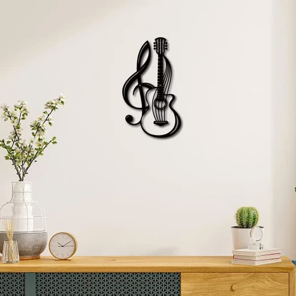 Metallvågsdekoration, Musikinstrument, Svarta Vågsignor, Gitarr, Jern, Hängande Metallornament, Skulptur, Passar till Balkong, Trädgård, Hem, Salong,