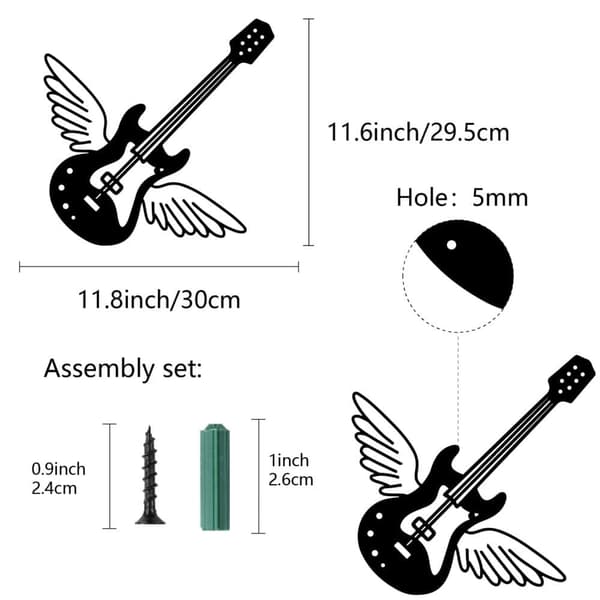 Gitarrvingar Metallvågsdekoration, Musik Vågs Konst, Svart Skulptur, Hängande Rustik Jernskylt, Högtont Ornament, Passar till Salong, Hem, Kontor, Kök