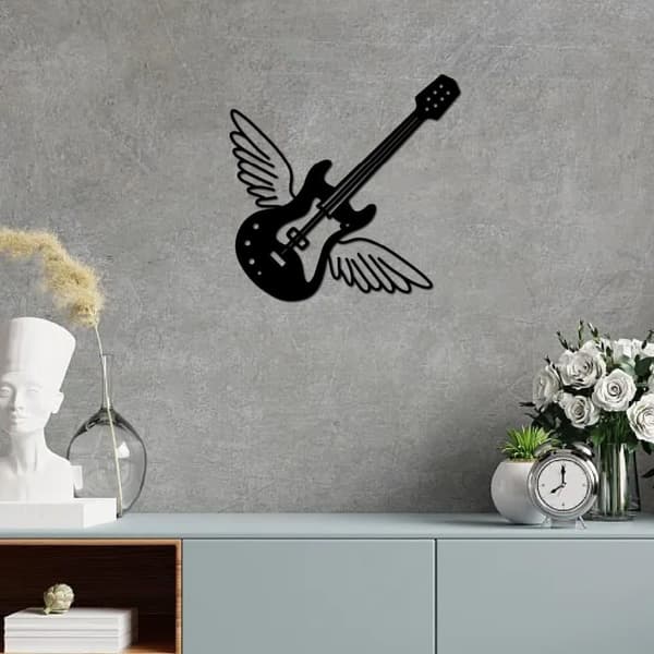 Gitarrvingar Metallvågsdekoration, Musik Vågs Konst, Svart Skulptur, Hängande Rustik Jernskylt, Högtont Ornament, Passar till Salong, Hem, Kontor, Kök
