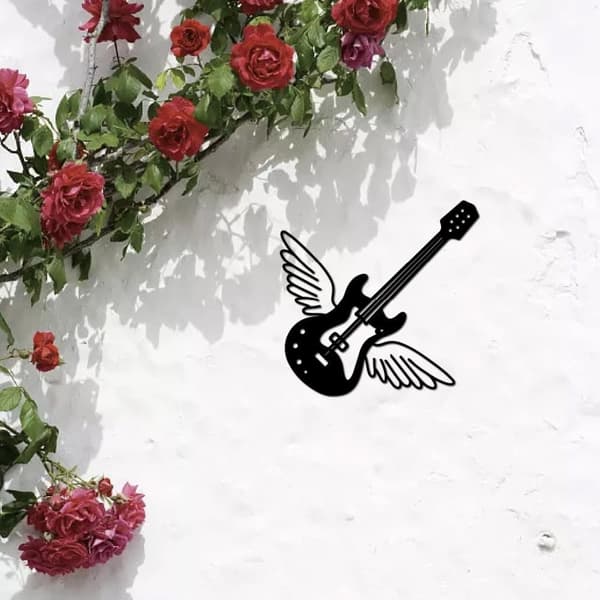 Gitarrvingar Metallvågsdekoration, Musik Vågs Konst, Svart Skulptur, Hängande Rustik Jernskylt, Högtont Ornament, Passar till Salong, Hem, Kontor, Kök