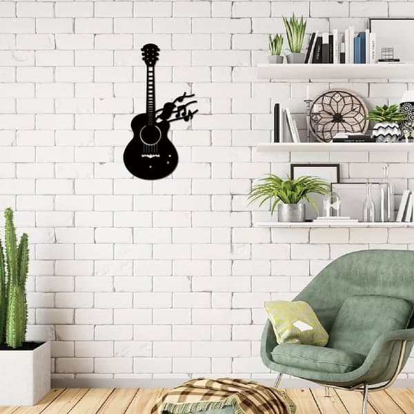 Gitarrfågel Metallvågs Konst, Jern Musik Vågsdekoration, Svarta Musikinstrument Skulpturer, Silhuett, Högtont Gitarr Våghängande Skylt, Passar till Sa
