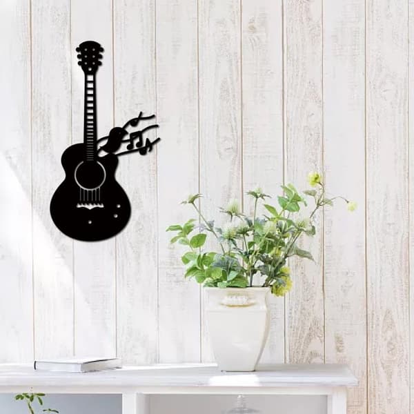 Gitarrfågel Metallvågs Konst, Jern Musik Vågsdekoration, Svarta Musikinstrument Skulpturer, Silhuett, Högtont Gitarr Våghängande Skylt, Passar till Sa