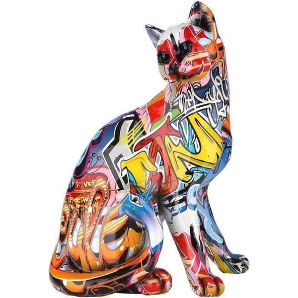 Modern skulptur dekorativ figur katt POP ART i mångfärgad konstgjord sten 23x29 cm